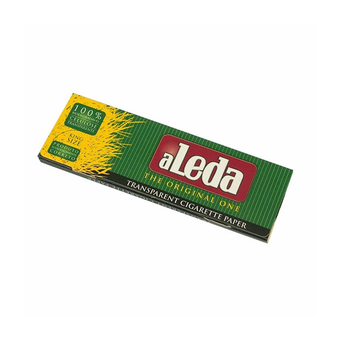 Close-up of Aleda Transparent Rolling Papers pack, placed flat.