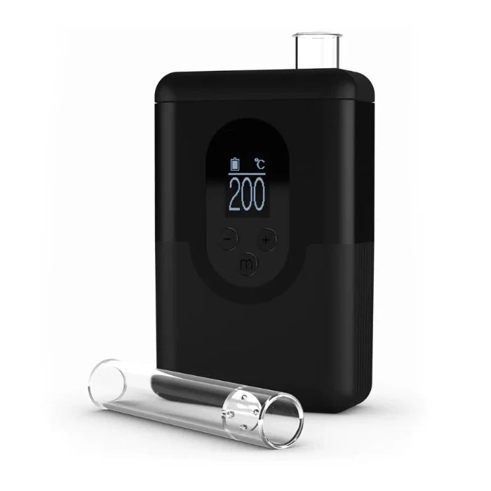 Arizer Argo Vaporizer Black standing with glass tube placed in front.