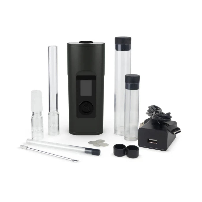 Arizer Solo 2 Max Vaporizer standing upright with all accessories around it.