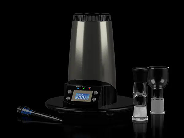 Arizer V-Tower Vaporizer standing 3/4 left, with glass chambers placed in front.