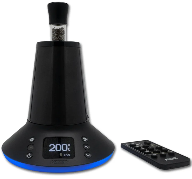 Arizer XQ2 Vaporizer standing with its remote next to it.