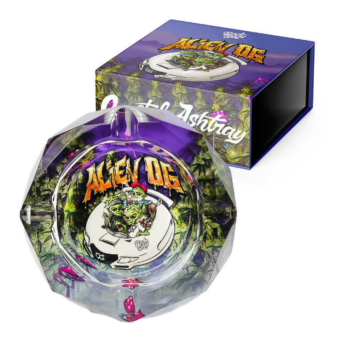 Best Buds Crystal Ashtray Alien OG, box with ashtray, front view.