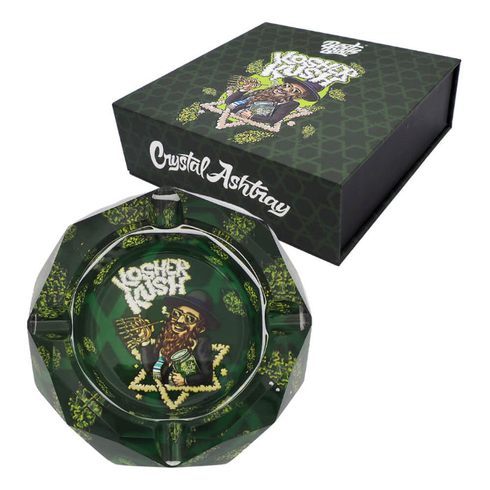 Best Buds Crystal Ashtray Kosher Kush, box with ashtray, front view.