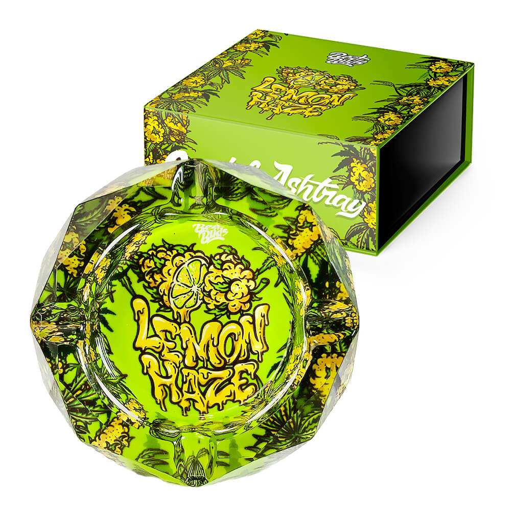 Best Buds Crystal Ashtray Lemon Haze, box with ashtray, front view.