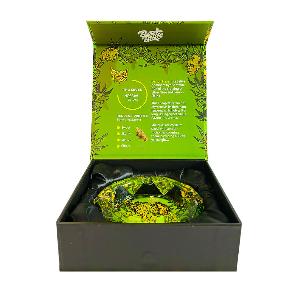 Best Buds Crystal Ashtray Lemon Haze, in open box with technical sheet visible.