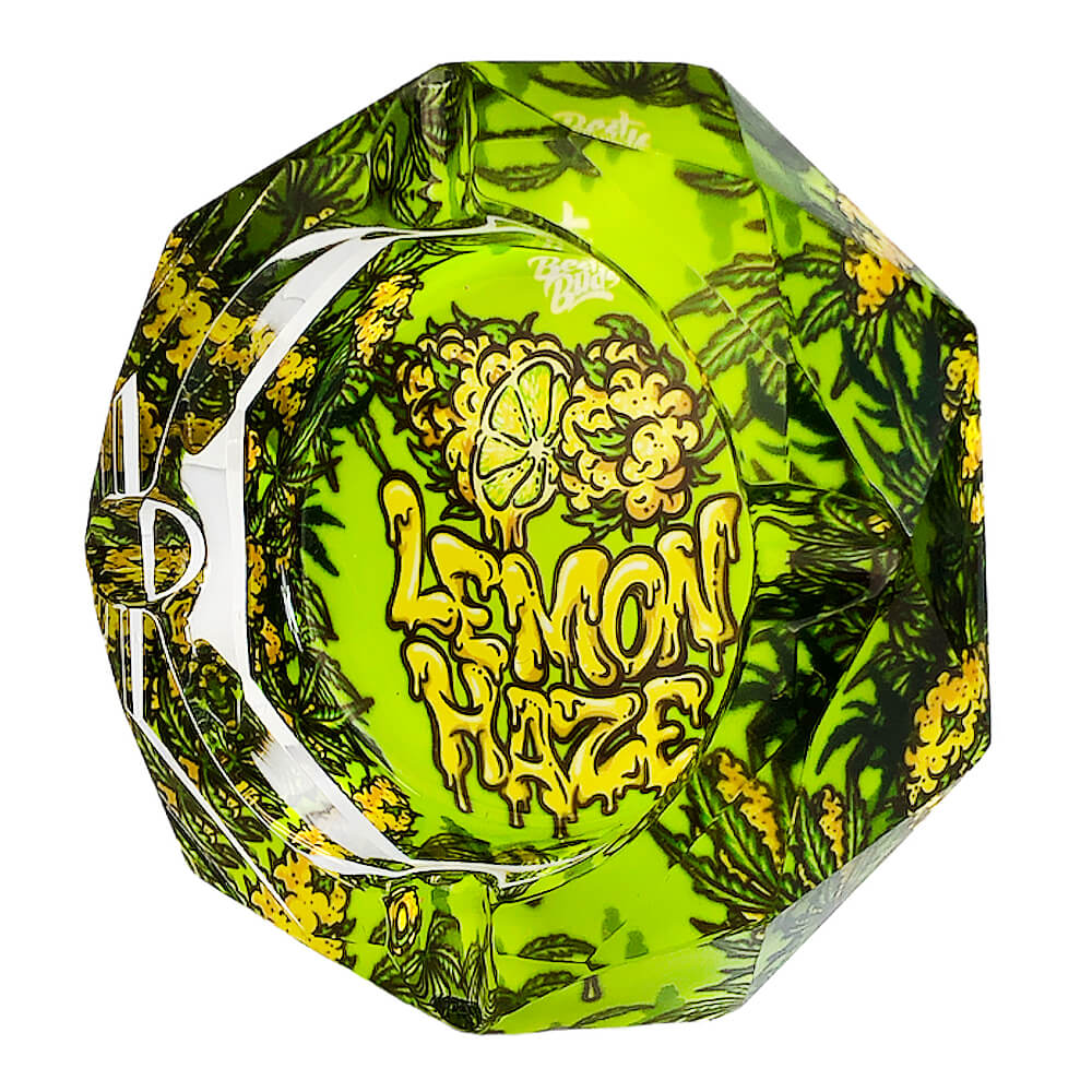Best Buds Crystal Ashtray Lemon Haze, standing left profile view.