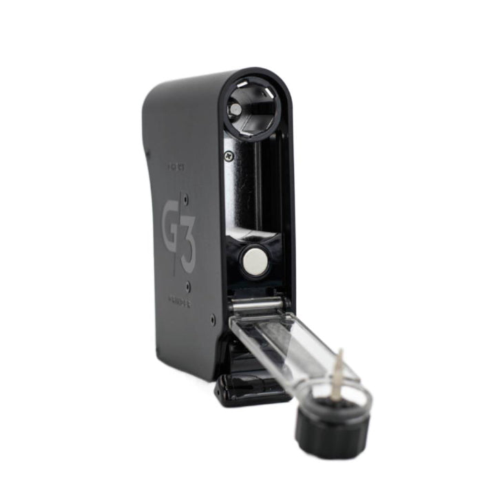 Chewy G3 Electronic Grinder Basic Edition Black 3/4 left back view showing filling chamber.