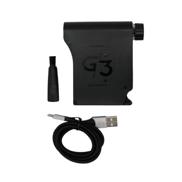 Chewy G3 Electronic Grinder Basic Edition Black with all accessories surrounding it.