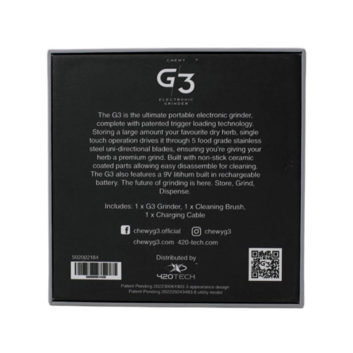 Chewy G3 Electronic Grinder Basic Edition Black box closed and laid flat, back view with inscriptions visible.