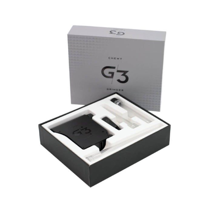Chewy G3 Electronic Grinder Deluxe Edition Black box open with vaporizer in front.