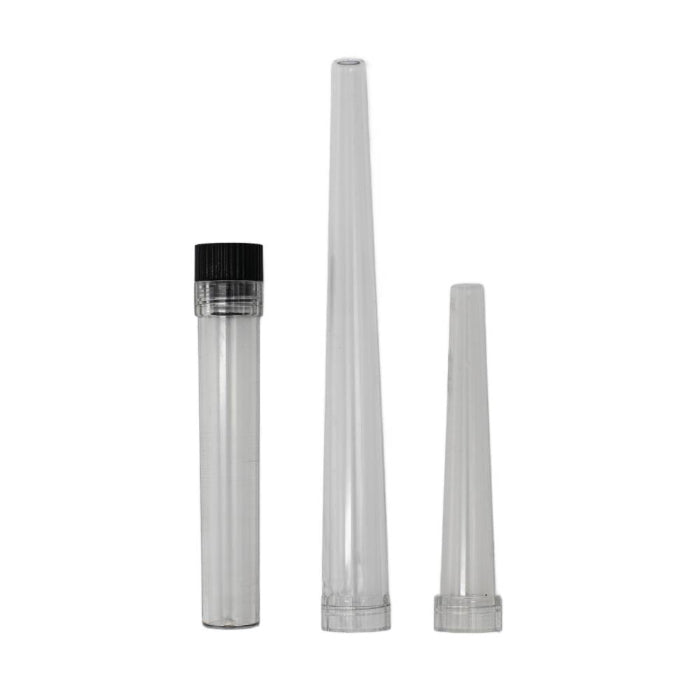 Chewy G3 Electronic Grinder Deluxe Edition Black tube standing with 2 funnels (small and large) standing next to it.