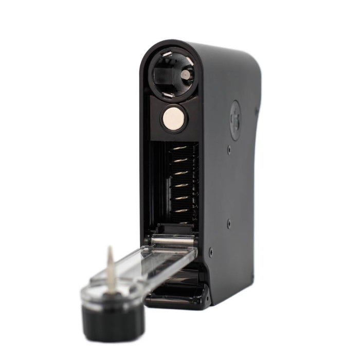 Chewy G3 Electronic Grinder Deluxe Edition Black vaporizer 3/4 right back view, showing filling chamber.