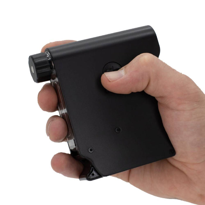 Chewy G3 Electronic Grinder Deluxe Edition Black vaporizer held in a hand.