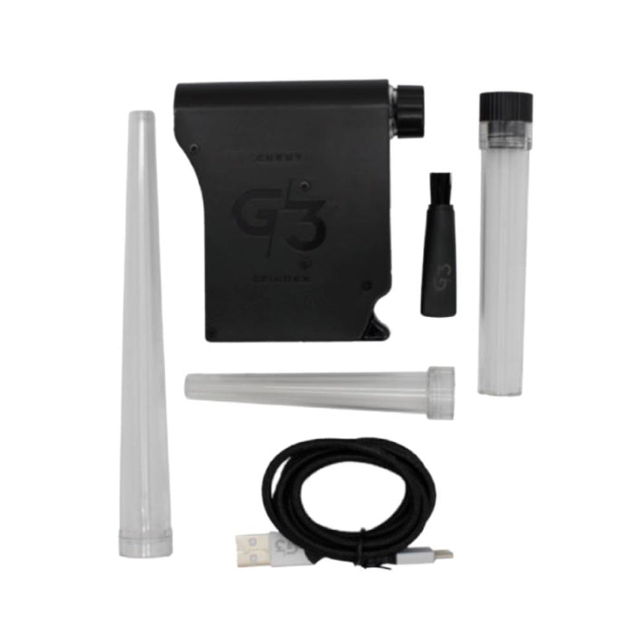 Chewy G3 Electronic Grinder Deluxe Edition Black with all accessories around it.