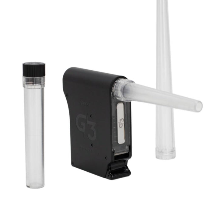 Chewy G3 Electronic Grinder Deluxe Edition Black with funnel attached, funnel and tube standing next to it.