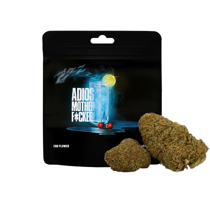 Cookies Adios Mother Fucker CBD Flower in doypack with buds in front.