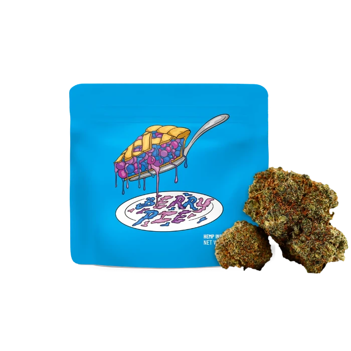 Cookies Berry Pie THC-O flower in doypack with buds in front.