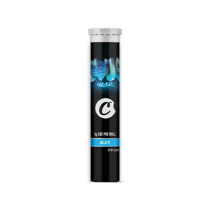 Cookies Blue Raz CBD Pre-Roll tube standing upright.