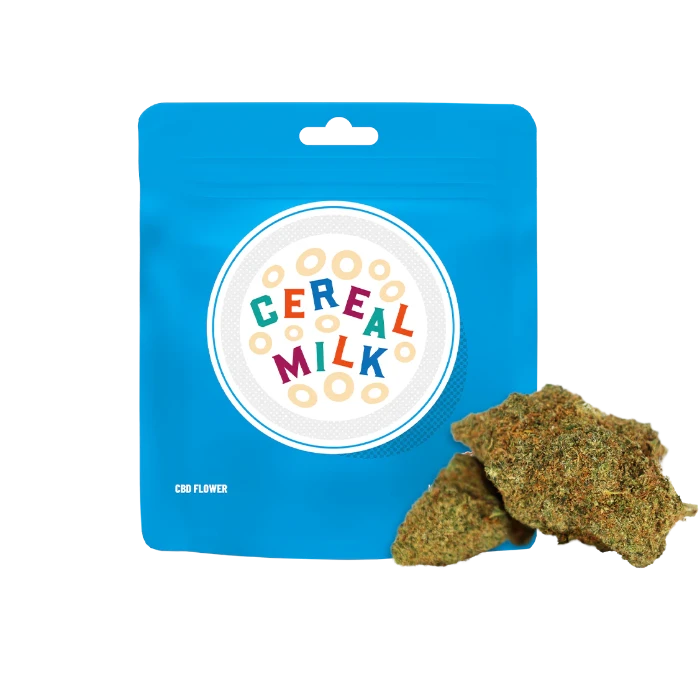 Cookies Cereal Milk CBD Flower in doypack with buds in front.