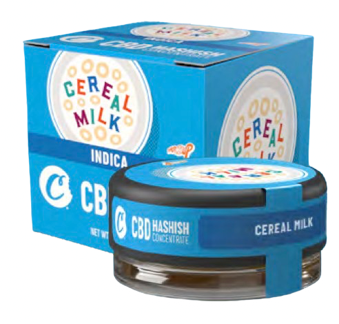 Front view of Cookies Cereal Milk CBD Hash 1g box with a closed jar, showcasing its premium packaging.