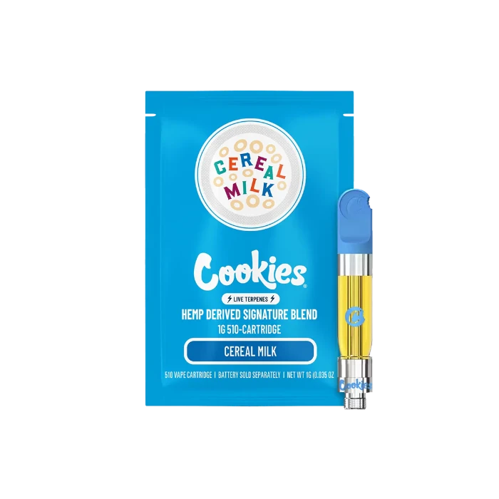 Cookies Cereal Milk THC-O cartridge in front of doypack.
