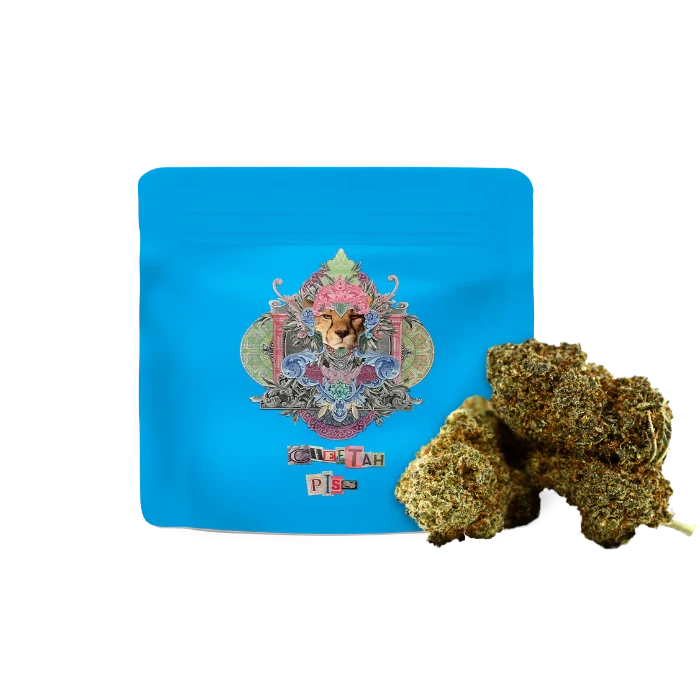 Cookies Cheetah Piss THC-O flower in doypack with buds in front.