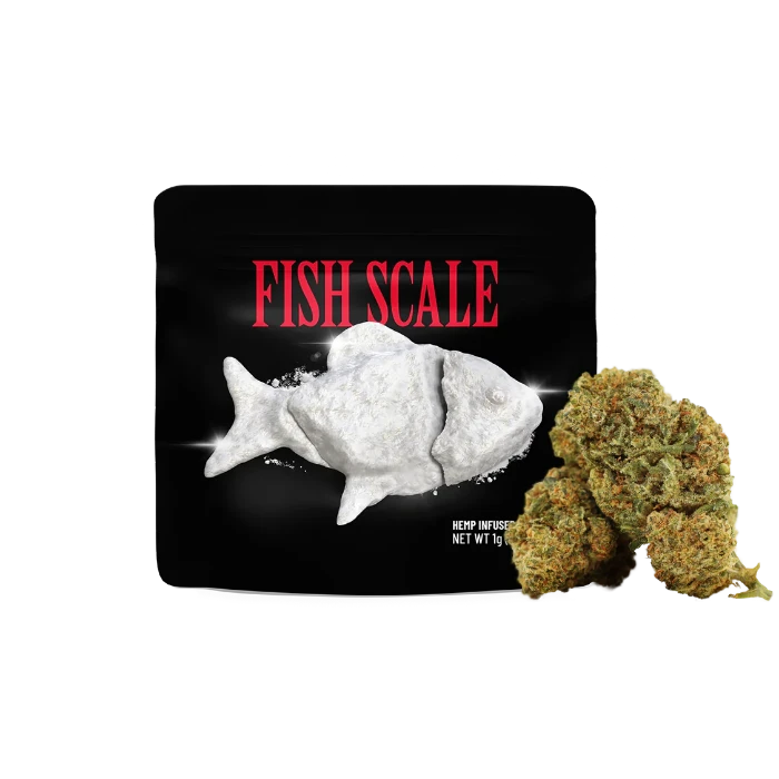 Cookies Fish Scale THC-O flower in doypack with buds in front.