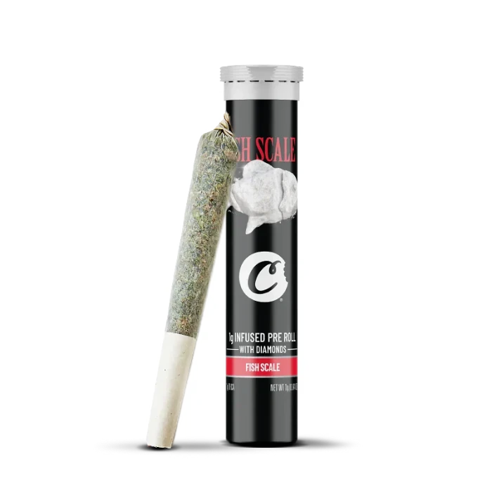 Cookies Fish Scale THC-O pre-roll standing next to its tube.