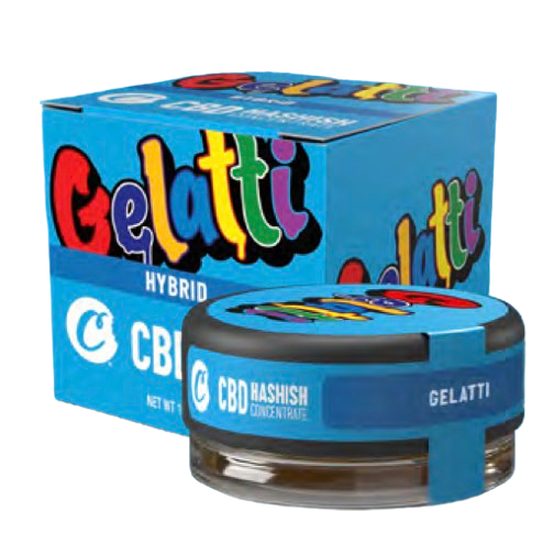 Close-up of Cookies Gelatti CBD Hash packaging, featuring the cardboard box and closed glass jar in the foreground, showcasing the sleek, premium packaging.