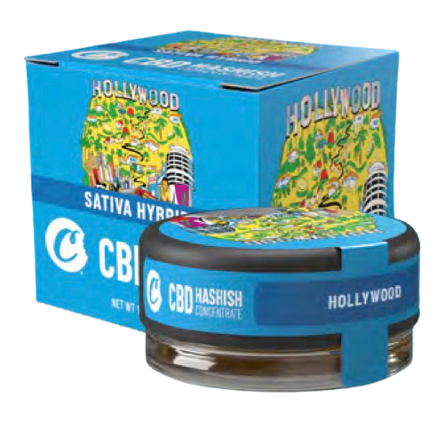 Cookies Hollywood CBD Hash box with the jar in front, standing upright.