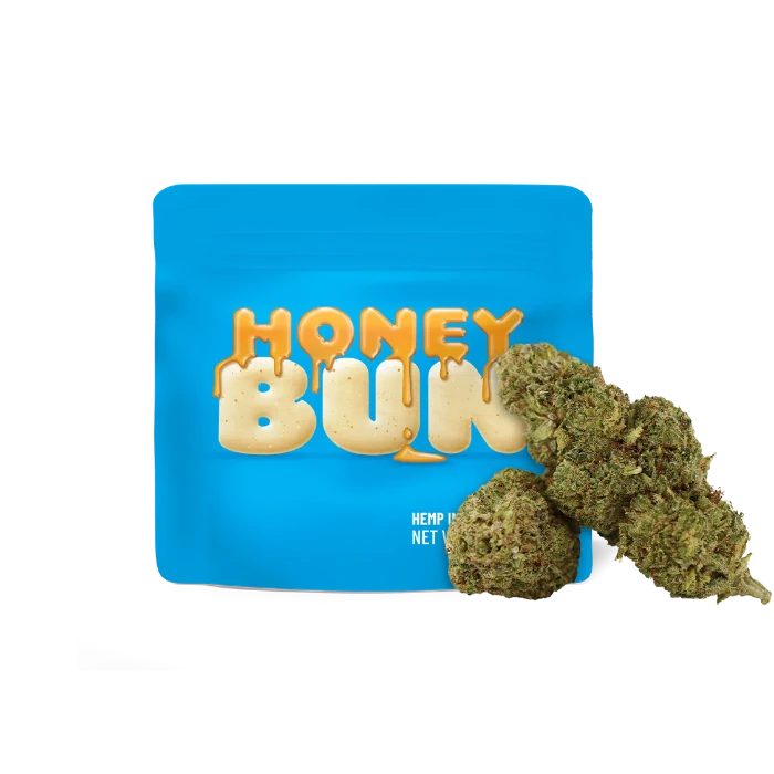 Cookies Honey Bun THC-O flower in doypack with buds in front.