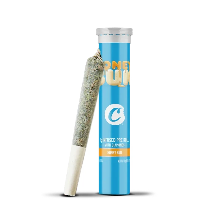 Cookies Honey Bun THC-O pre-roll standing next to its tube.