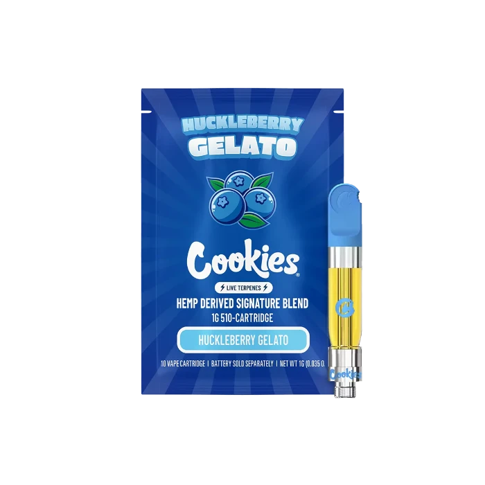 Cookies Huckleberry Gelato THC-O cartridge in front of doypack.
