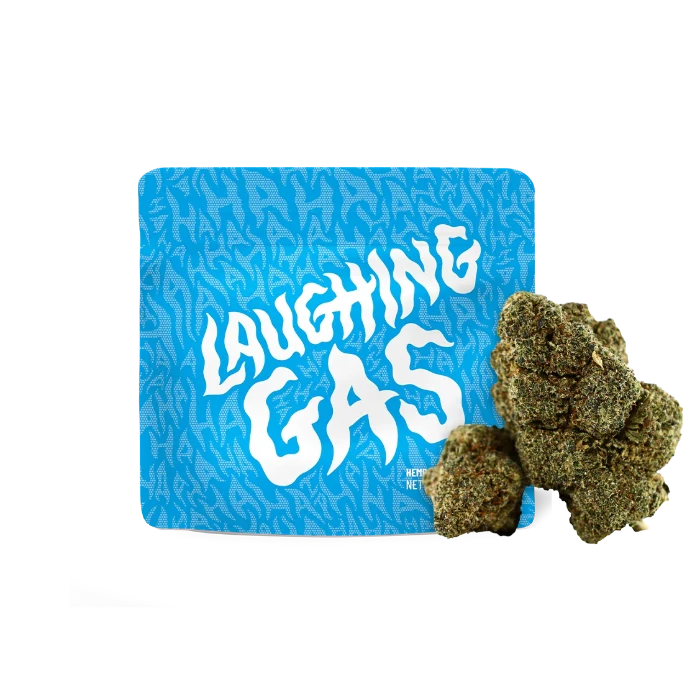 Cookies Laughing Gas THC-O flower in doypack with buds in front.