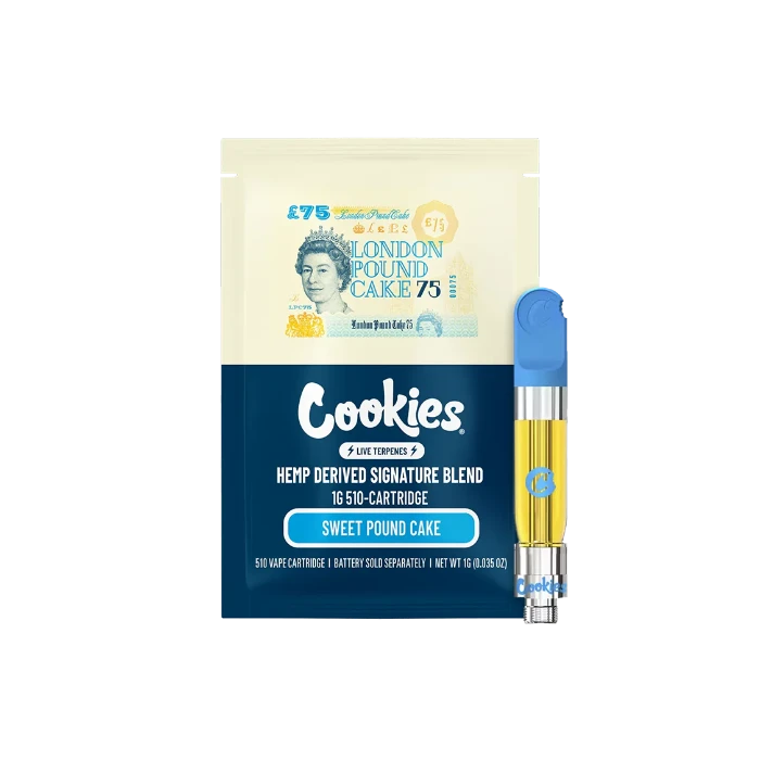 Cookies London Pound Cake THC-O cartridge in front of doypack.