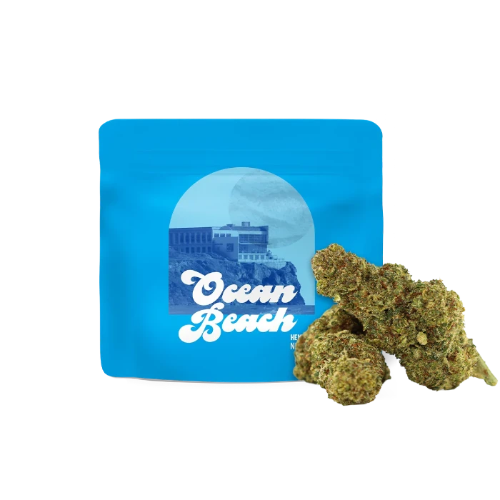 Cookies Ocean Beach THC-O flower in doypack with buds in front.