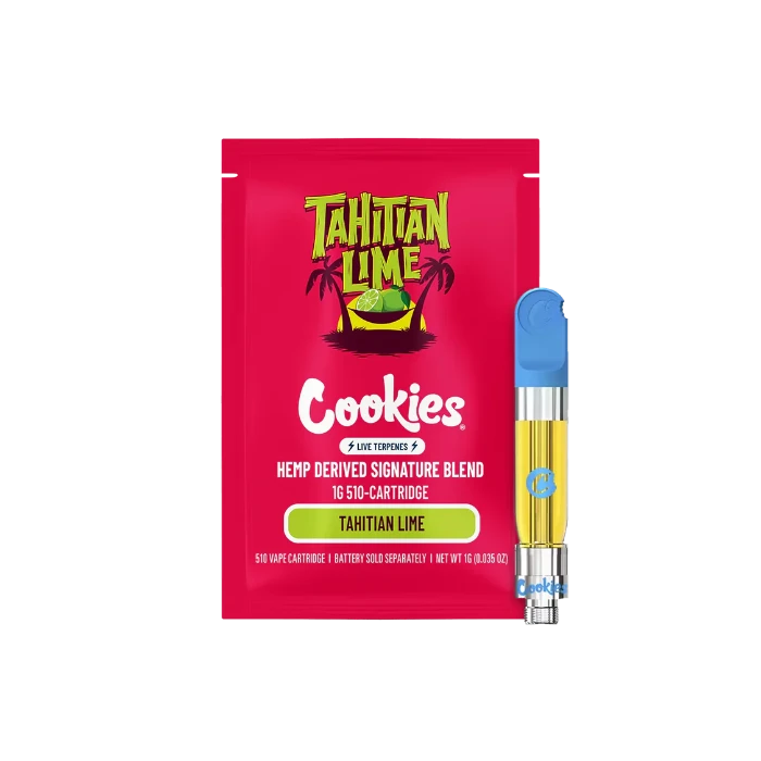 Cookies Tahitian Lime THC-O cartridge in front of doypack.