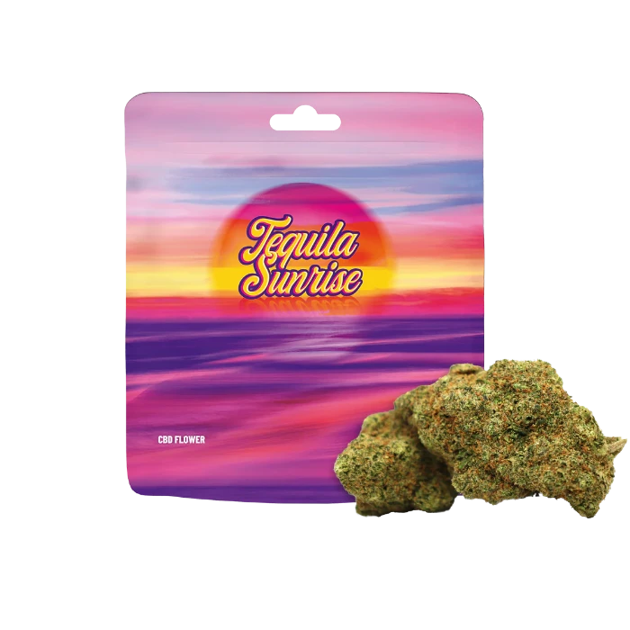 Cookies Tequila Sunrise CBD Flower in doypack with buds in front.