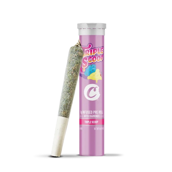 Cookies Triple Scoop THC-O pre-roll standing next to its tube.