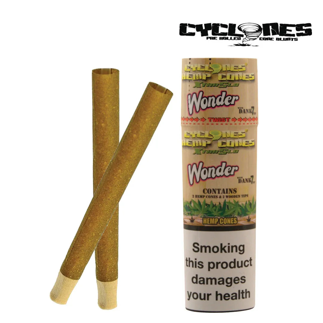 Close-up of Cyclones Hemp Cones Wonder Cane box standing upright, with two cones standing upright in front.