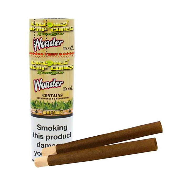 Close-up of Cyclones Hemp Cones Wonder Cane box standing upright, with two cones laid out in front.