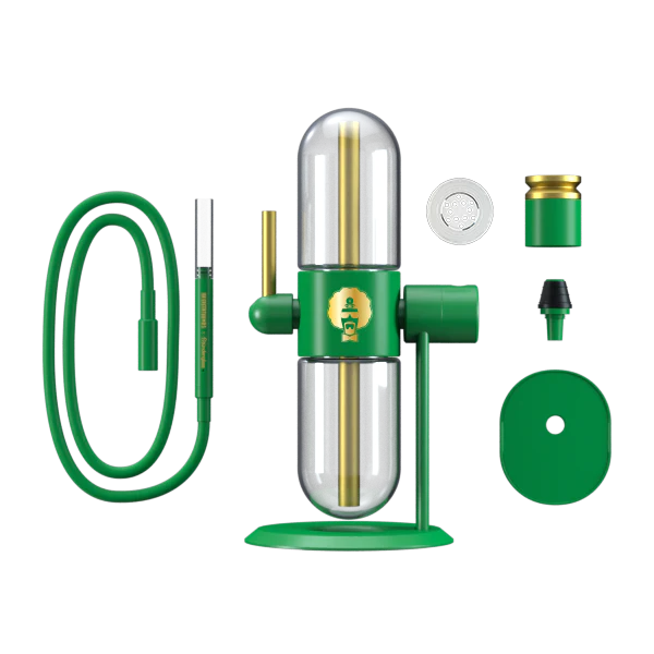 Dr. Greenthumb's X Stündenglass Gravity Hookah standing with all detached parts around it