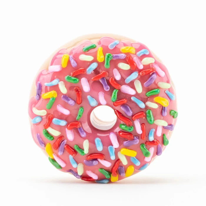 Empire Glassworks Pink Sprinkle Donut Pipe standing.