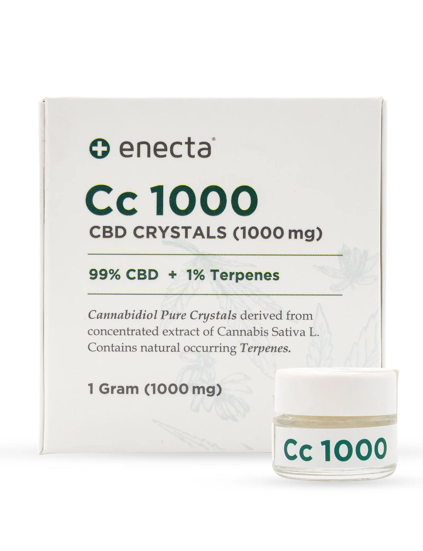 Enecta CC 1000 CBD Crystals box with jar, standing upright.