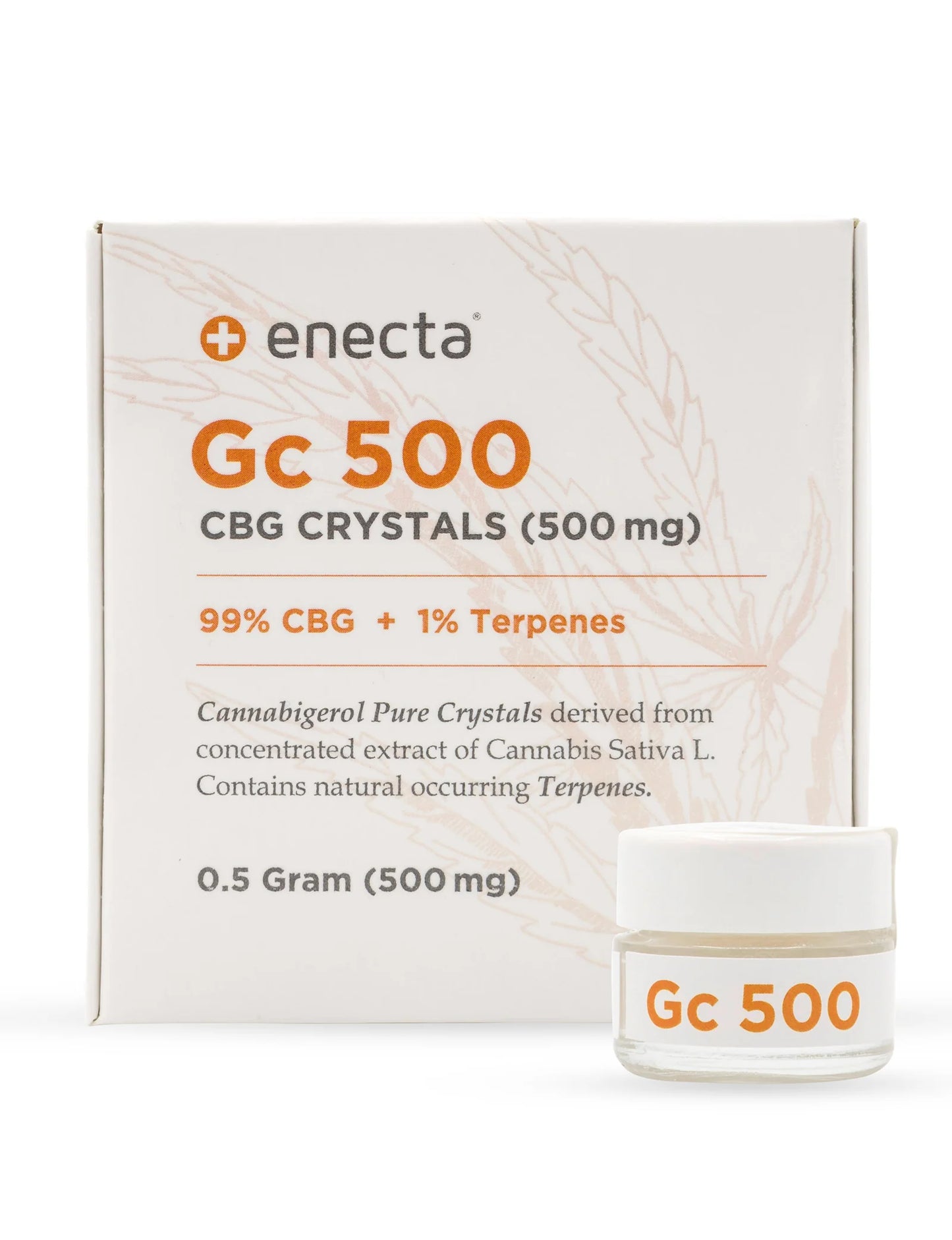 Enecta GC 500 CBG Crystals box with jar, standing upright.