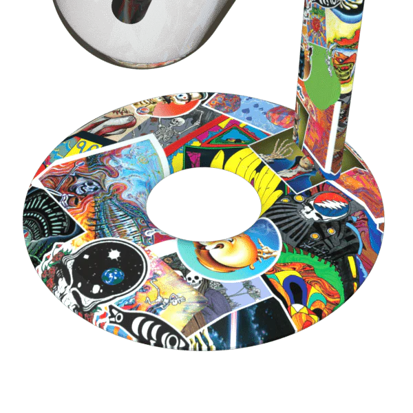 Close-up of the Legacy Patchwork design on the base of the Grateful Dead X Stündenglass Gravity Hookah.