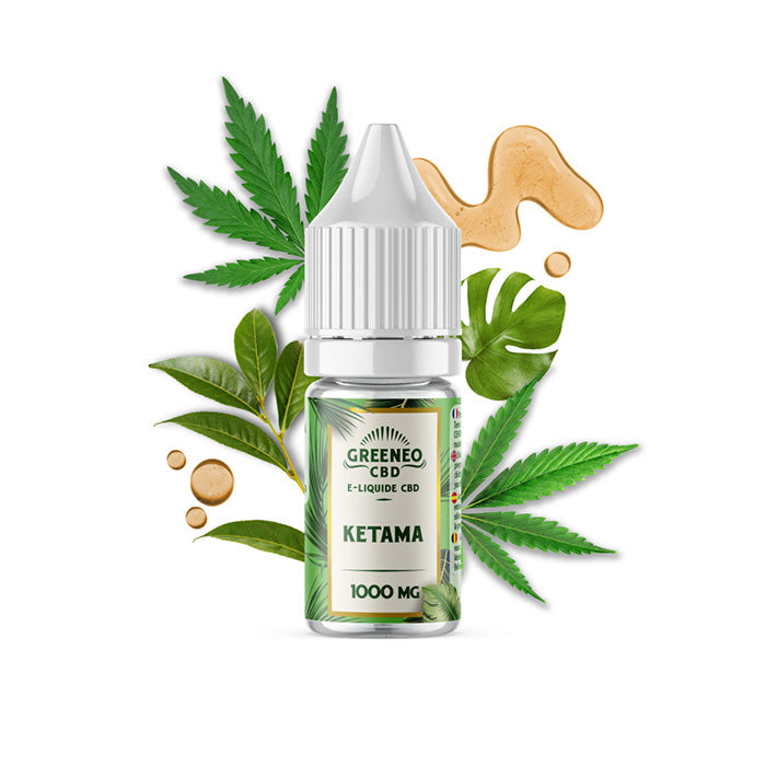 Close-up of Greeneo E-liquid Ketama bottle standing.