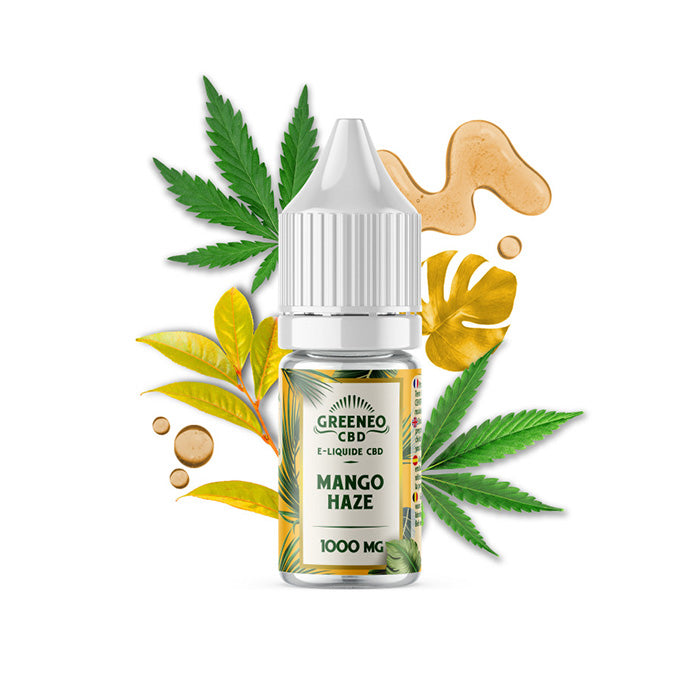 Close-up of Greeneo E-liquid Mango Haze bottle standing.