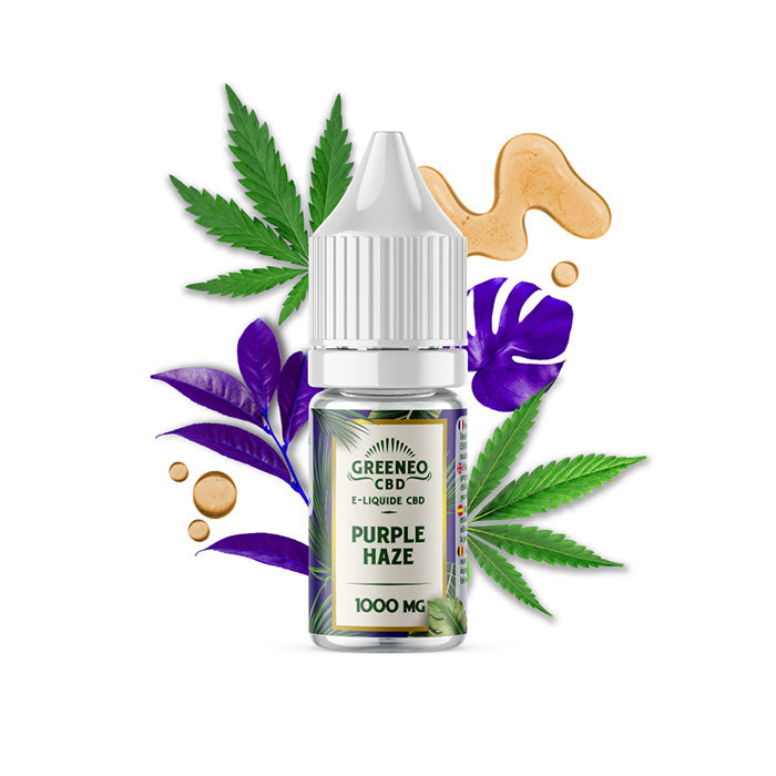 Close-up of Greeneo E-liquid Purple Haze bottle standing.
