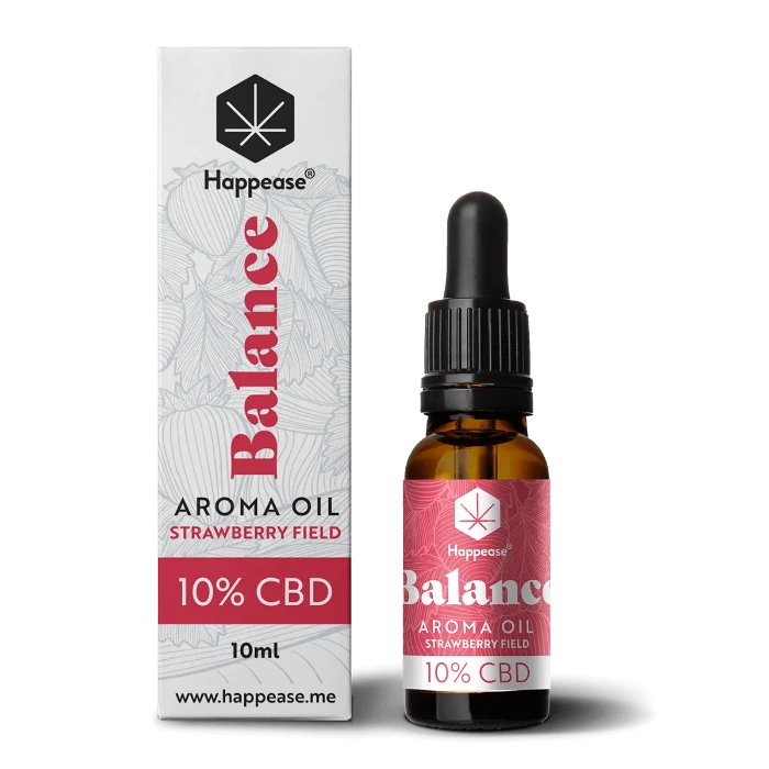 Happease CBD Oil Balance Strawberry Field 10% CBD bottle and box.